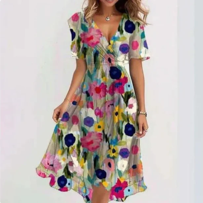 Summer Dress Women – Elegant Party Dress with Floral Design and Sleeves