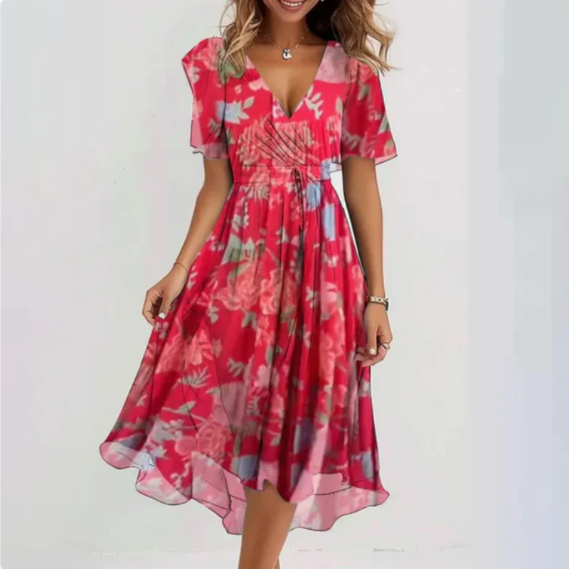 Summer Dress Women – Elegant Party Dress with Floral Design and Sleeves