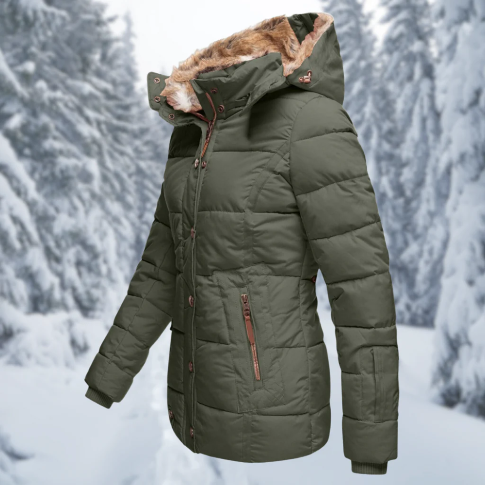 Women's Green Parka Jacket – Warm Winter Coat with Hood and Pockets