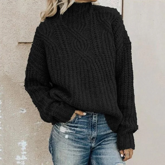 Women's Oversized Roll Neck Jumper – Cozy Black Knit Sweater for Casual Wear