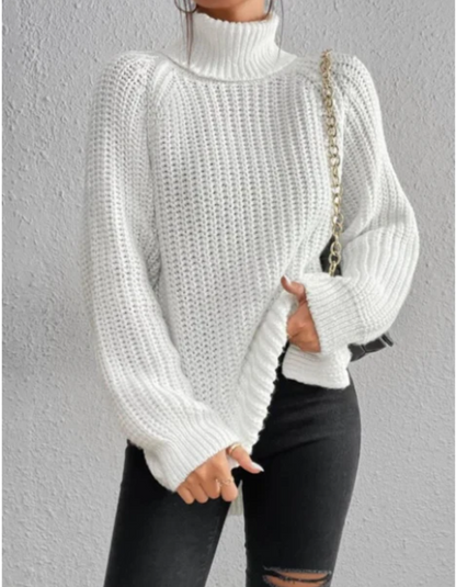 Women's Chunky Roll Neck Jumper White – Cozy Knit Sweater for Winter