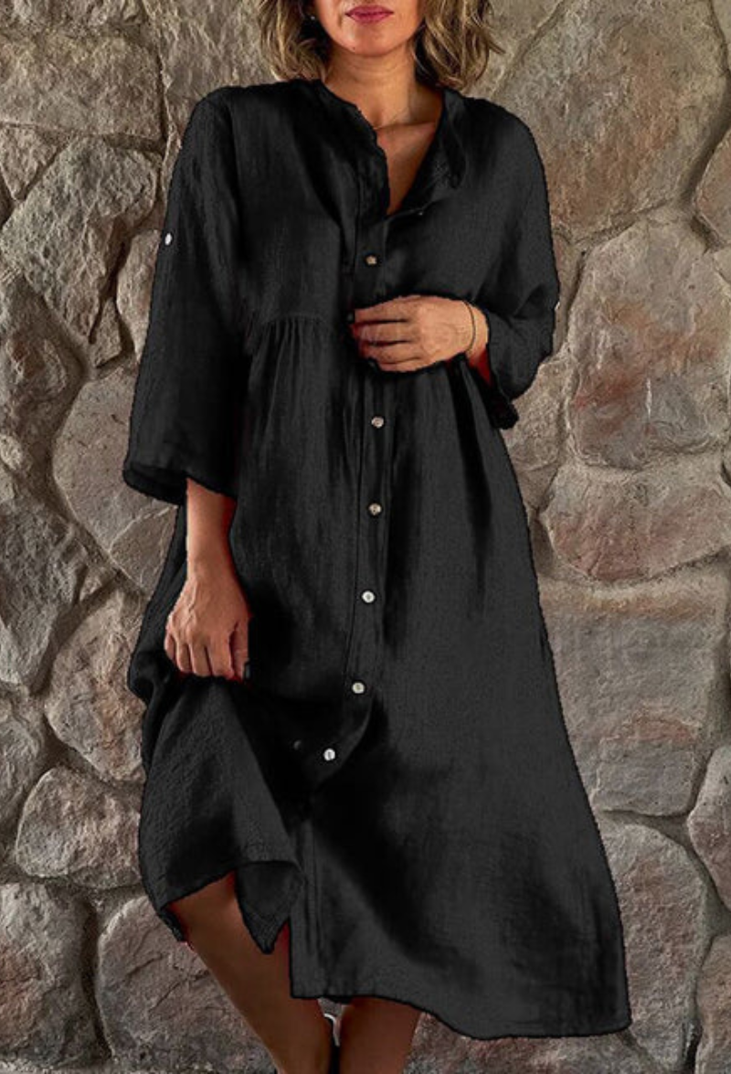 Shirt Dress Black Midi – Elegant Midi Dress for Women, Casual and Chic Style