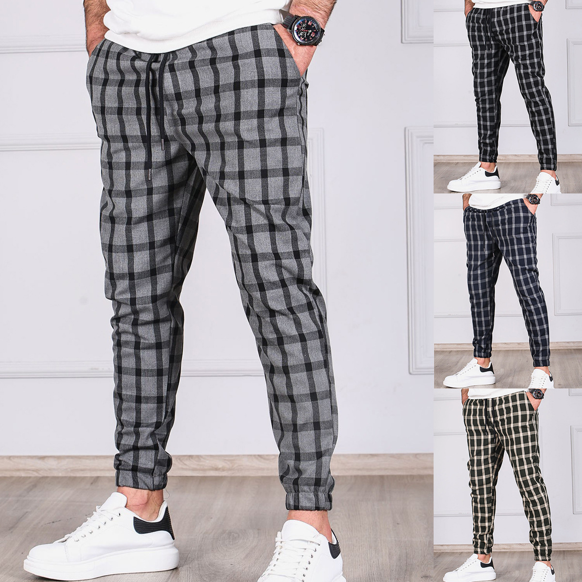 Men's Jogging Trousers – Grey Checked Athletic Pants for Comfort and Style