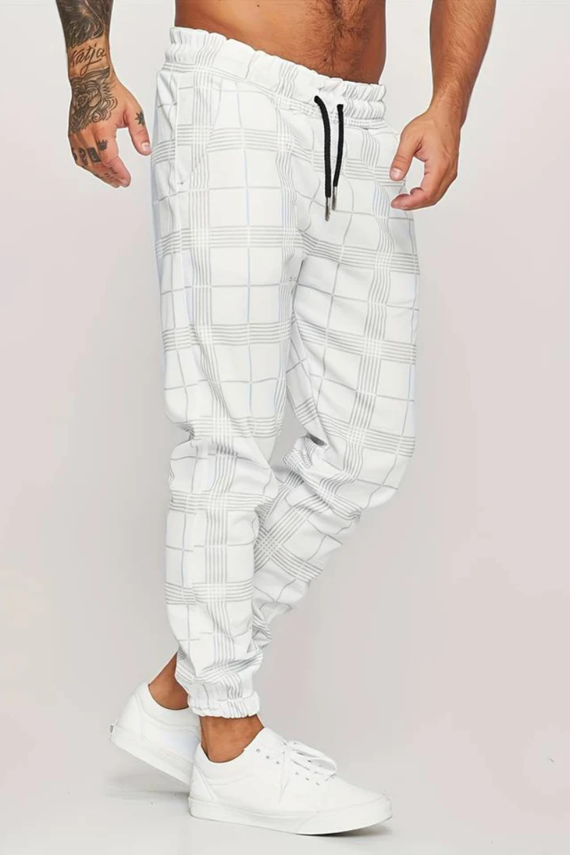 Jogging Trousers for Men – Stylish Checked Sweatpants in White for Casual Wear