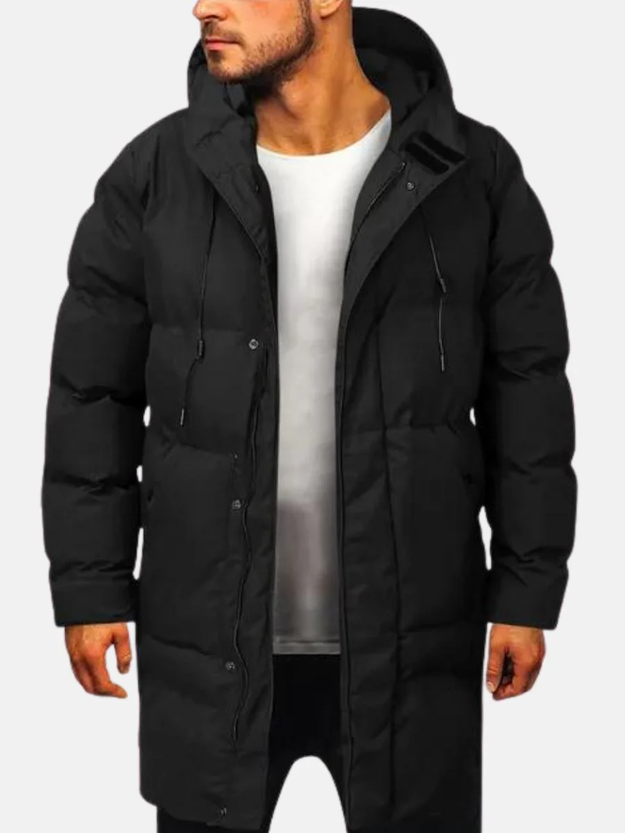 Men's Long Down Jacket – Quilted Hooded Winter Coat for Warmth and Style