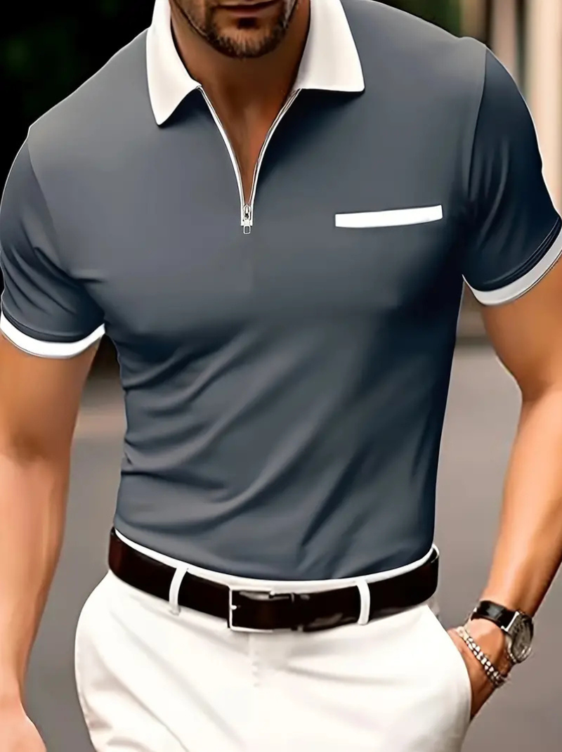 Men's Short Sleeve Polo Shirt – Stylish Zip Design for Casual Wear and Comfort