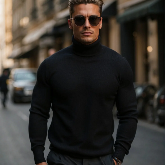 Men's Roll Neck Jumper Black – Warm Knit Sweater for Casual Winter Style