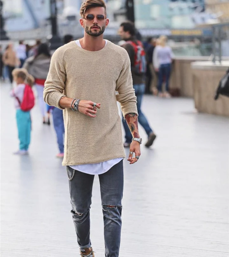 Men's Knitted Sweater – Long Casual Knit Pullover for Winter Style